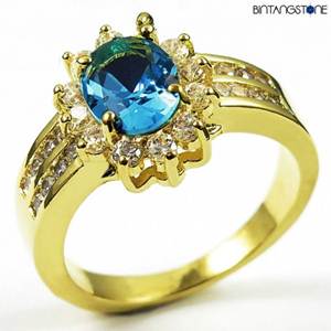 M3G Cincin Import Blue Aquamarine 7 KT Yellow Gold Plated Ring 